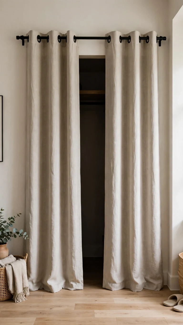 22 Creative Closet Curtain Ideas for a Stylish, Space-Saving Upgrade 18 Grommet-top curtain panels with matte black rings sliding on a straight rod over a closet doorway.