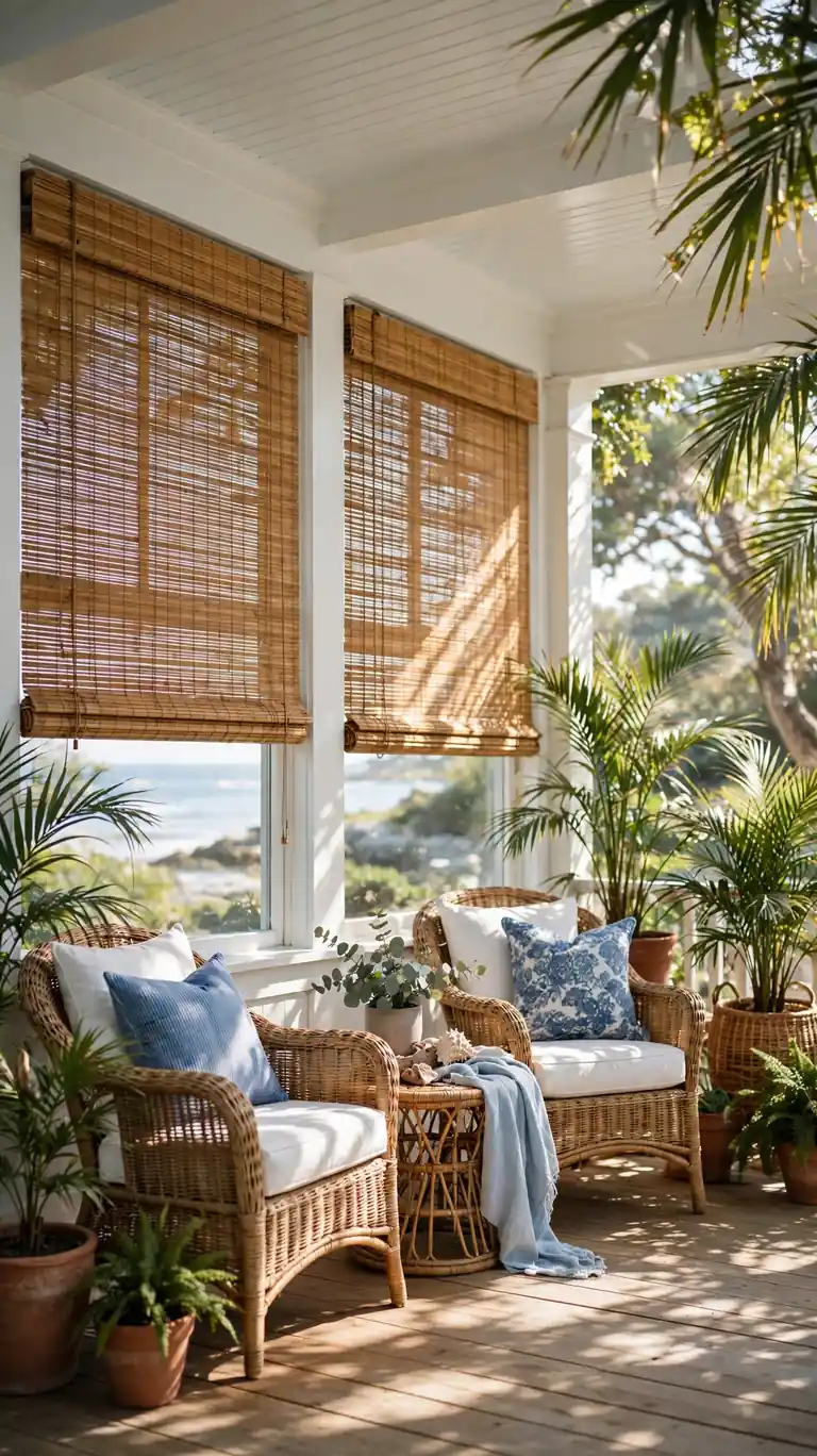 Outdoor bamboo blinds on a covered coastal porch with comfortable seating.