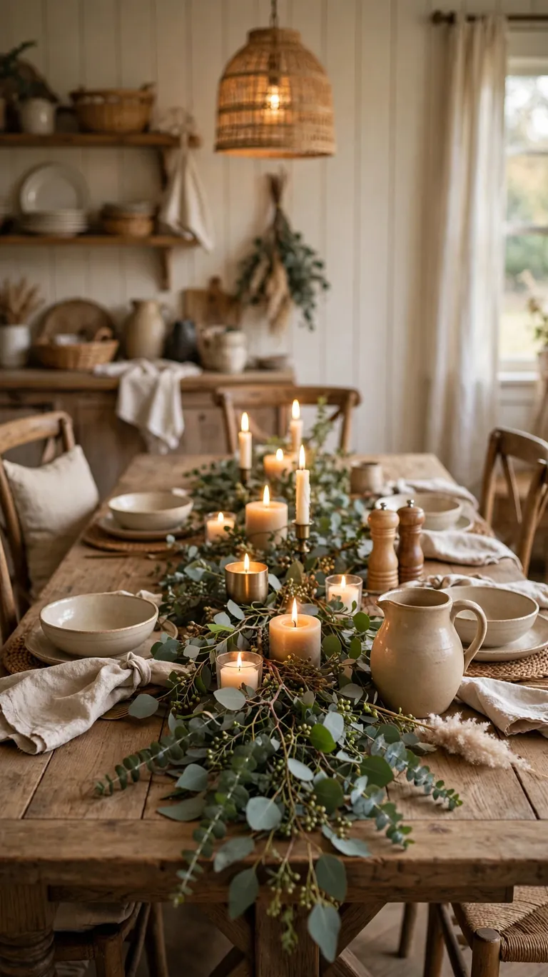 Loose runner of fresh eucalyptus greenery laid down the center of a farmhouse dining table with candles.