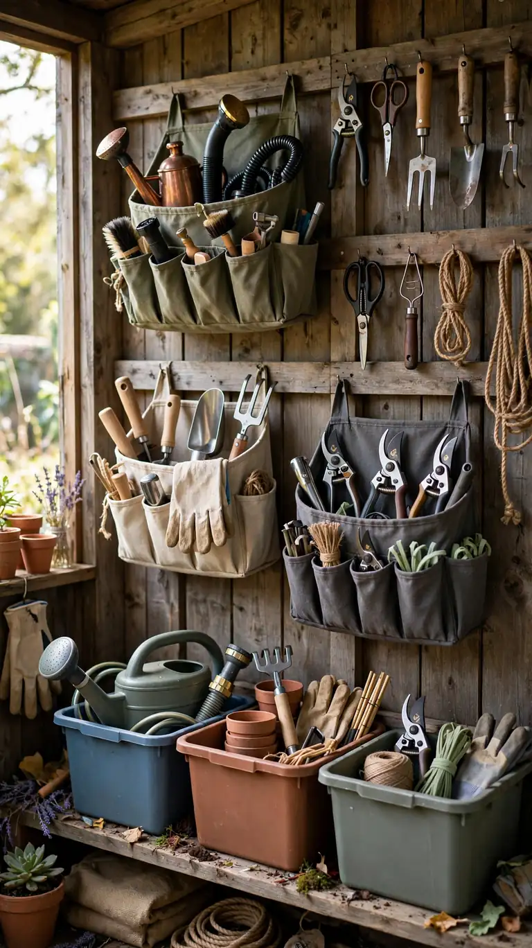 A shed wall with organized garden task stations: buckets with tool organizer sleeves and labeled bins for watering, planting, and pruning kits.