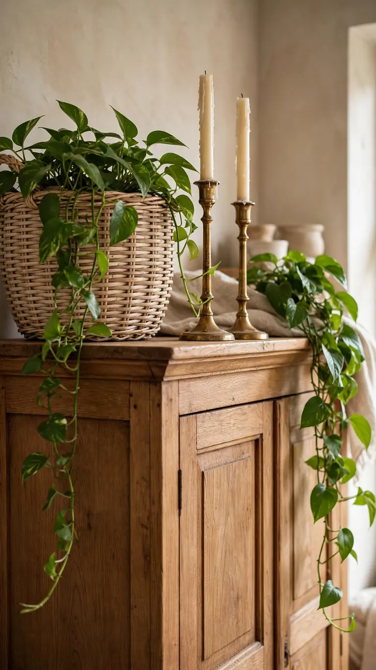 Top of a hutch styled simply with a large basket, tall candlesticks, and a trailing plant.