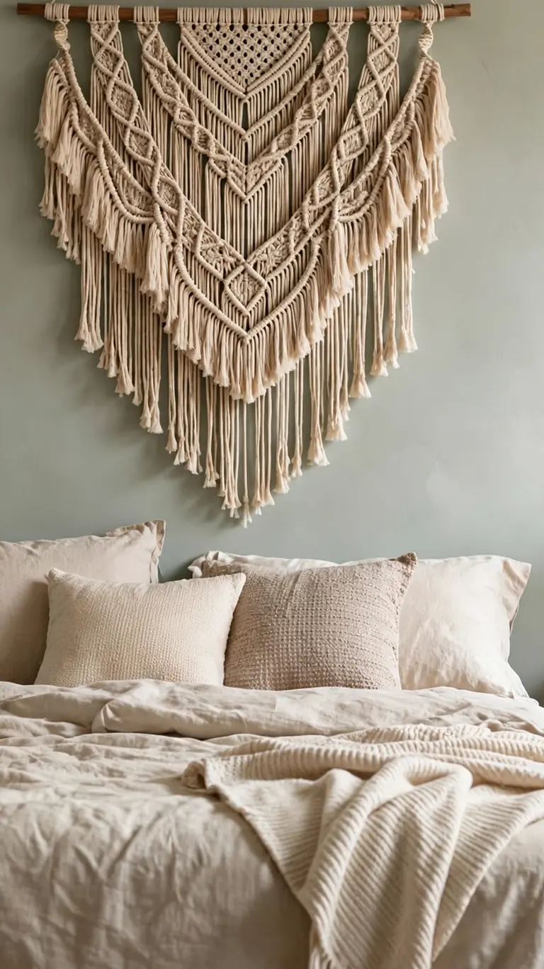 Large macrame wall hanging in natural cotton above a teen bed against a painted accent wall.