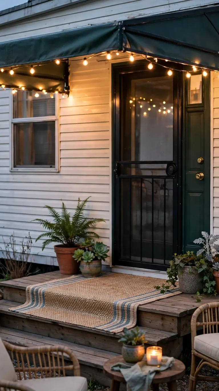 17 Trailer Decor Ideas to Make Your Mobile Home Feel Cozy and Stylish 18 A welcoming trailer entry with an outdoor rug, potted plants, and string lights under the awning.