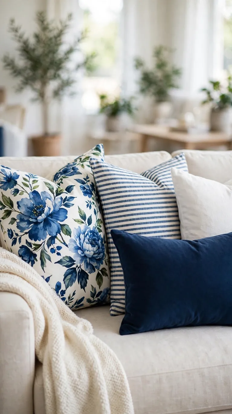 Sofa with mixed blue and white pillows in floral, stripe, and solid patterns.