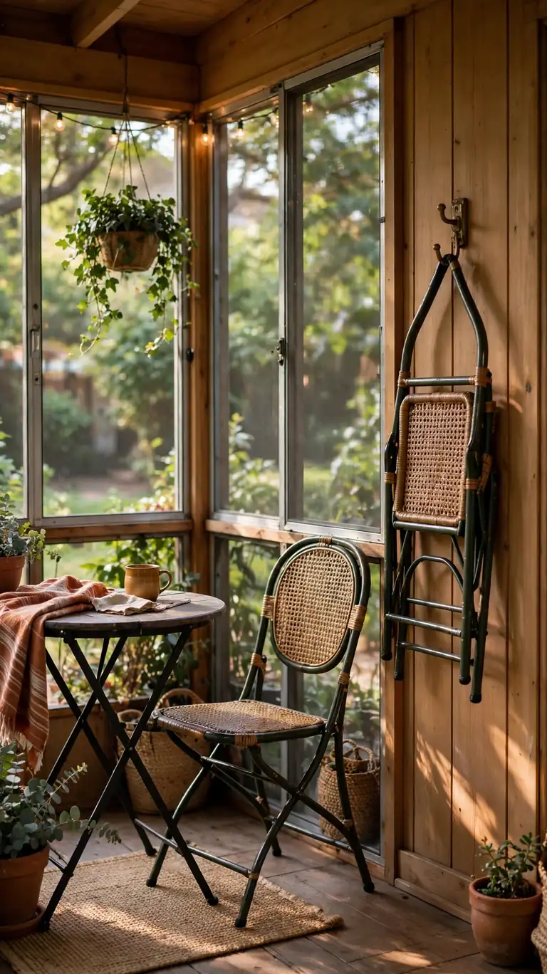 Compact folding bistro table and two chairs on a small screened porch, with one chair folded and hanging on a wall hook nearby.