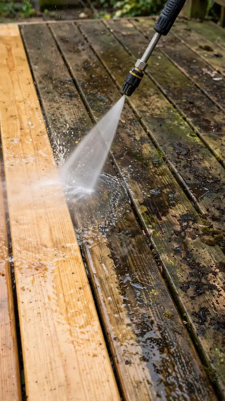Pressure washer spraying a dirty wooden deck revealing clean bright boards underneath.