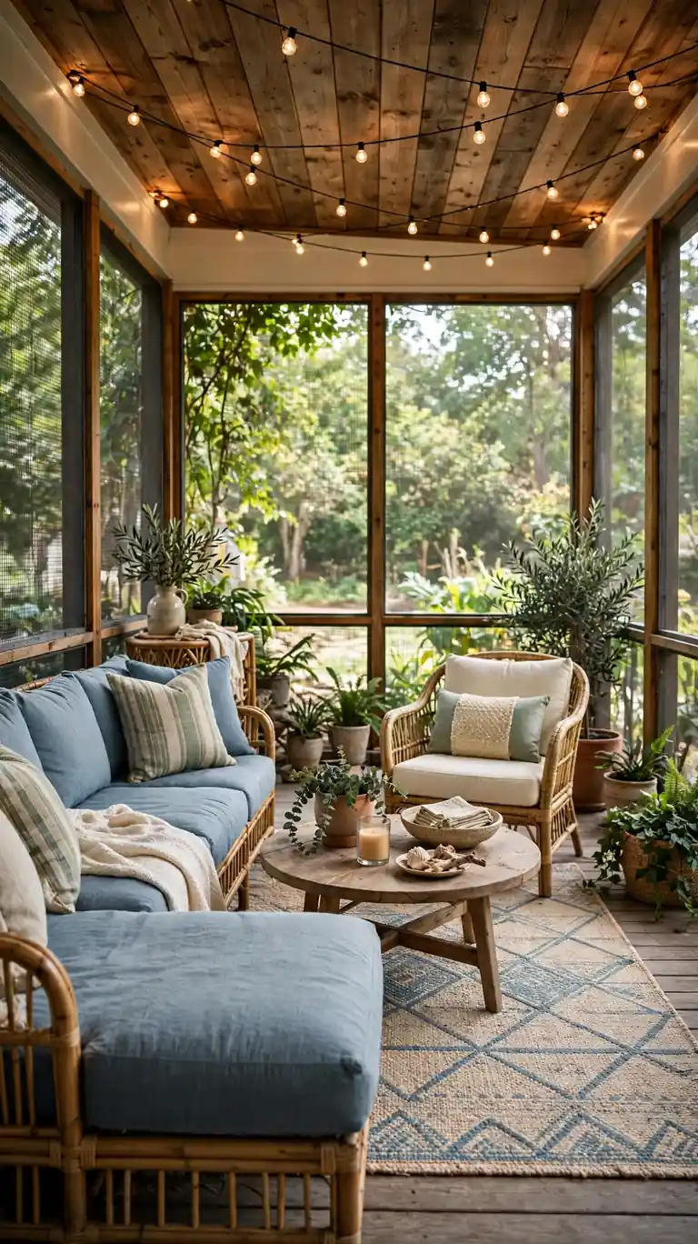 21 Small Lake Cottage Interior Design Ideas That Feel Cozy and Inviting 18 Screened porch furnished as a summer living room with outdoor seating, an outdoor rug, and string lights.