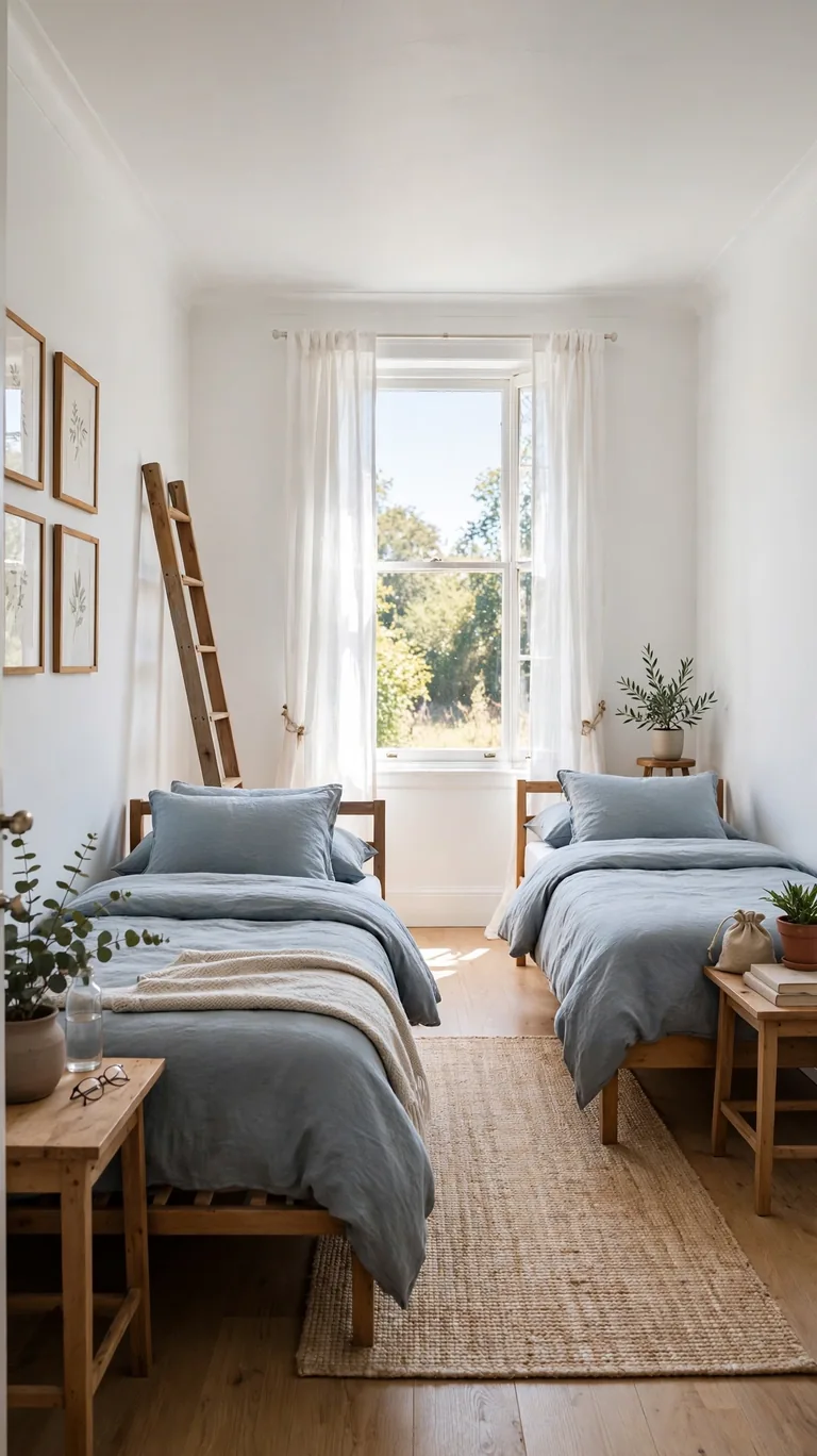 Two twin beds separated from a former bunk set, placed on opposite walls of a shared bedroom.