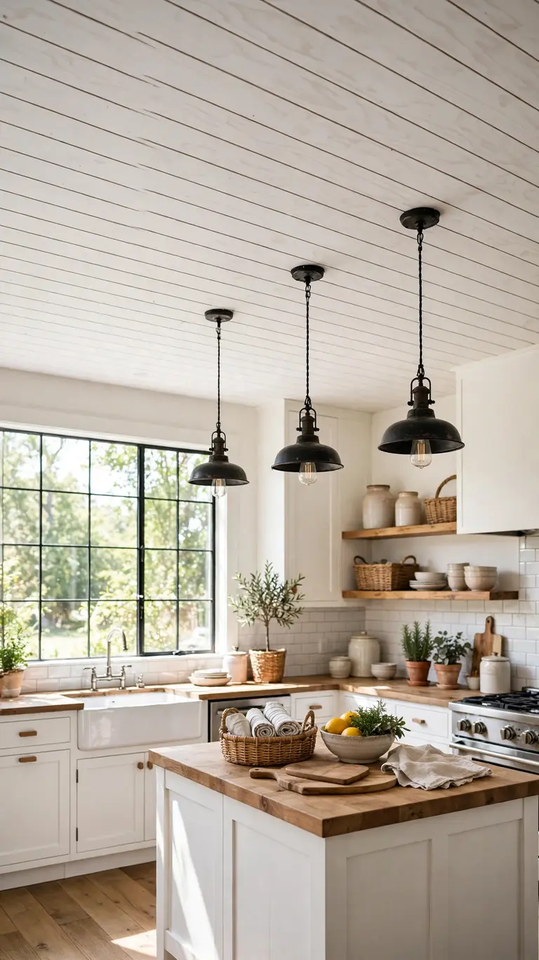 Farmhouse kitchen with a white shiplap-style plywood plank ceiling and rustic pendant lights.