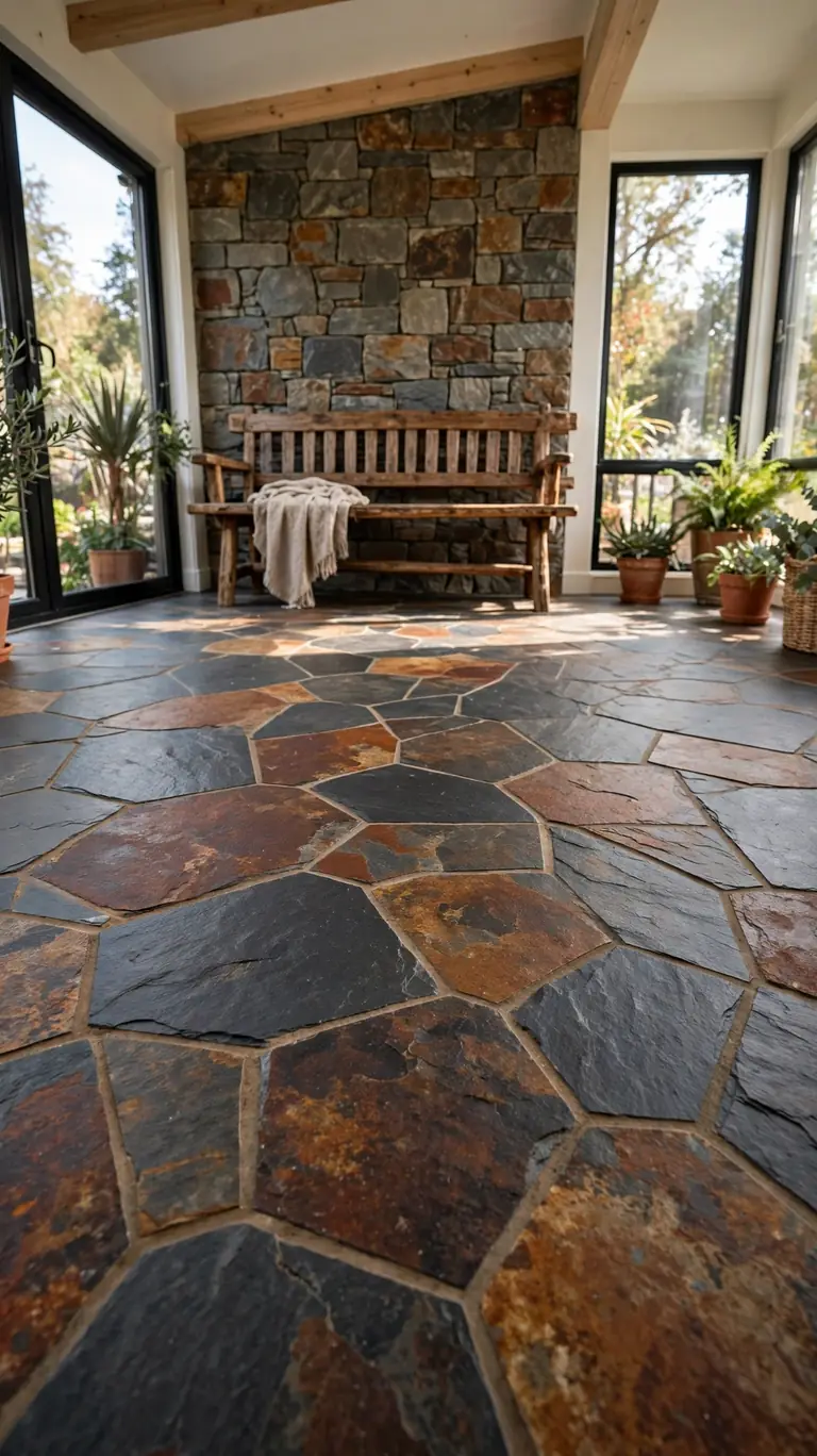 Sunroom with natural slate tile flooring in charcoal and rust tones, stone accent wall, and wooden bench.