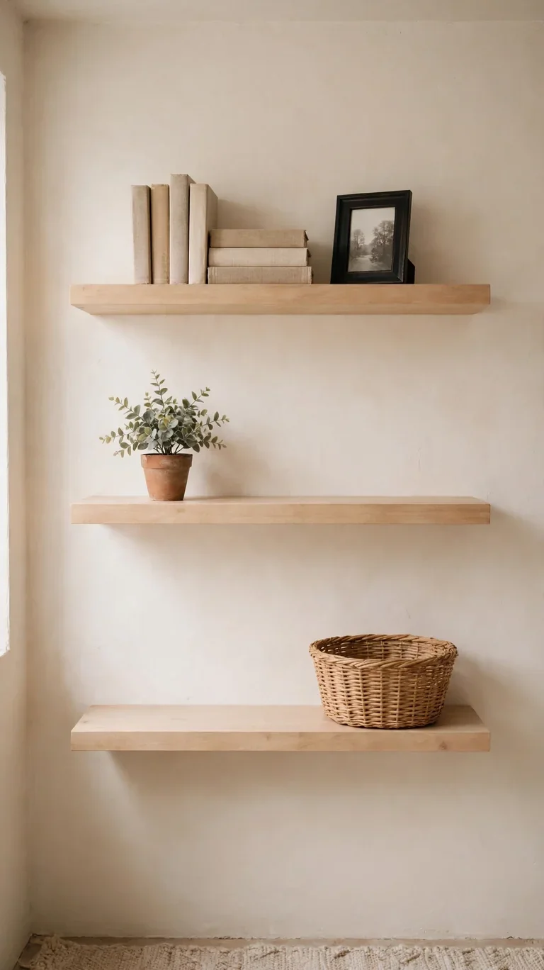 19 Small Basement Ideas to Make the Most of Any Space 18 Floating shelves on a basement wall styled with books, framed photos, and small plants.