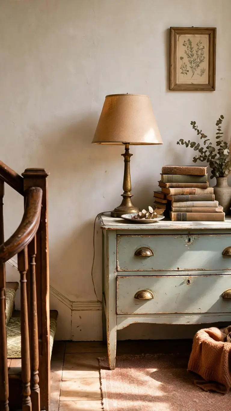 Small distressed sage-green vintage dresser beside stairs, topped with a brass table lamp, a stack of old books, and a vase of eucalyptus in warm daylight.