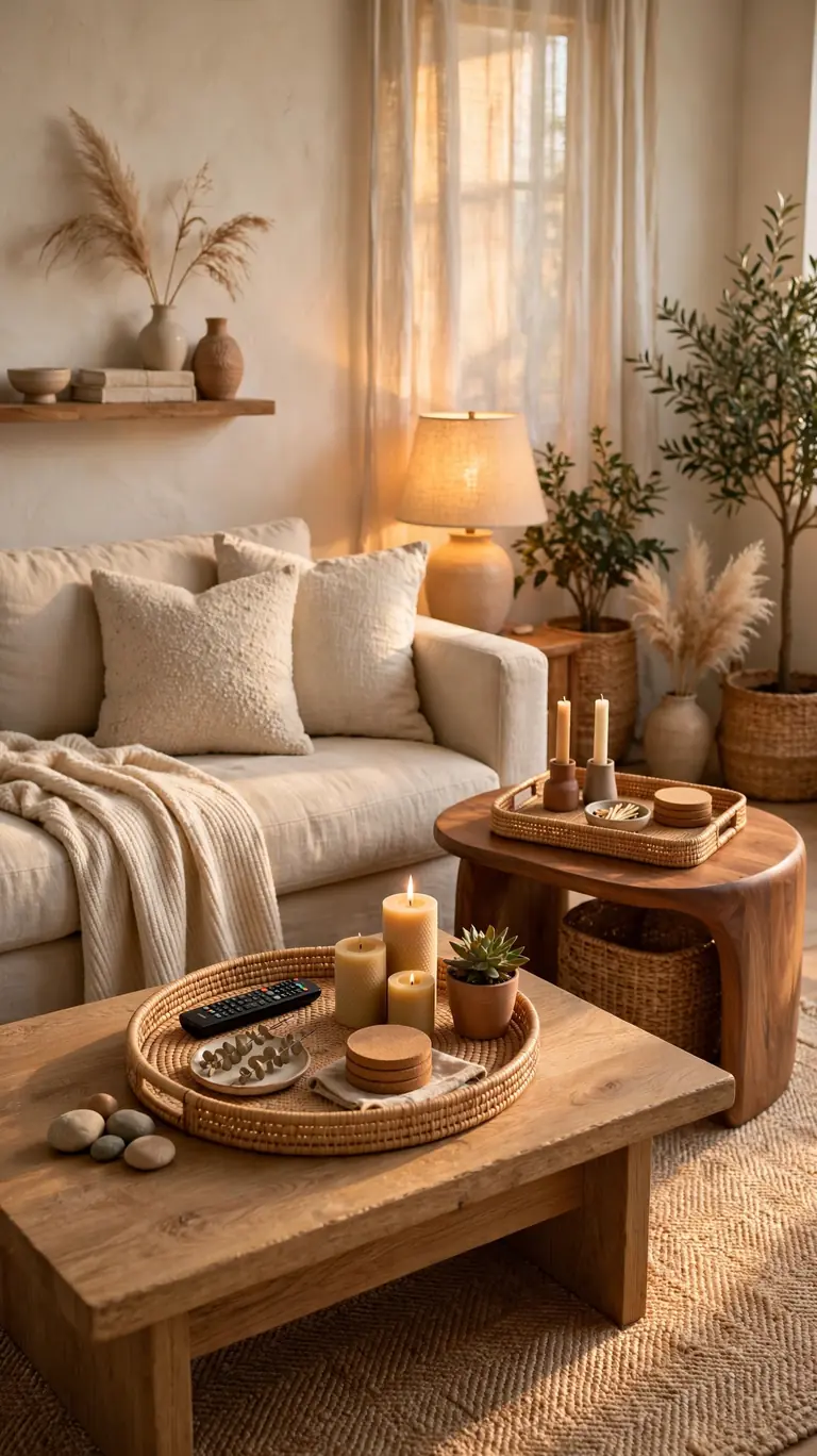 Decorative trays on a nightstand and coffee table corralling small items.
