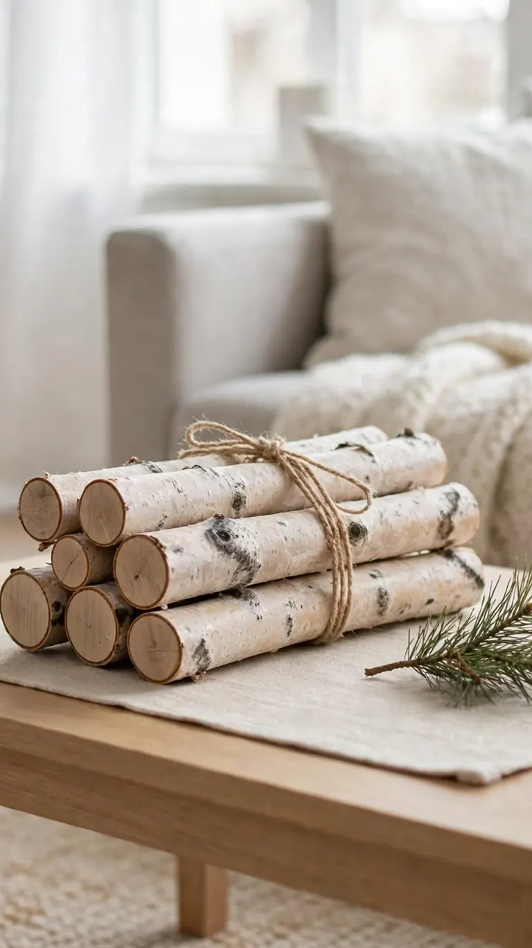 Bundle of short white birch logs tied with twine with a pine sprig and candle on a coffee table.