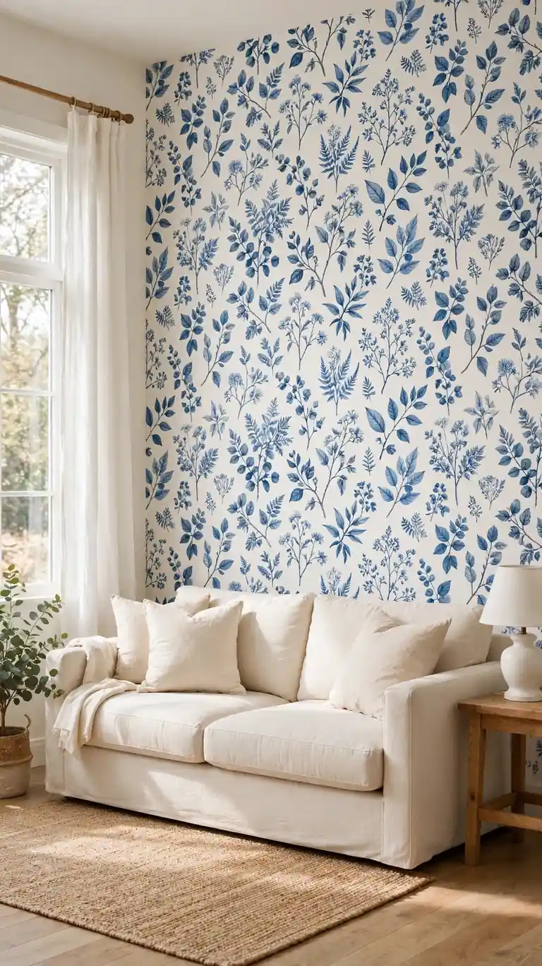 Living room accent wall with blue and white botanical wallpaper behind a sofa.