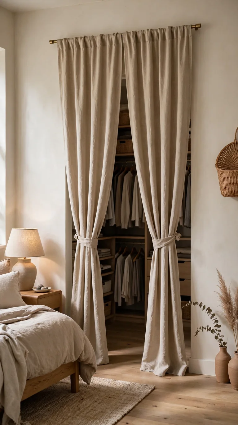 22 Creative Closet Curtain Ideas for a Stylish, Space-Saving Upgrade 19 Two linen curtain panels meeting in the middle across a walk-in closet entryway in a calm bedroom.
