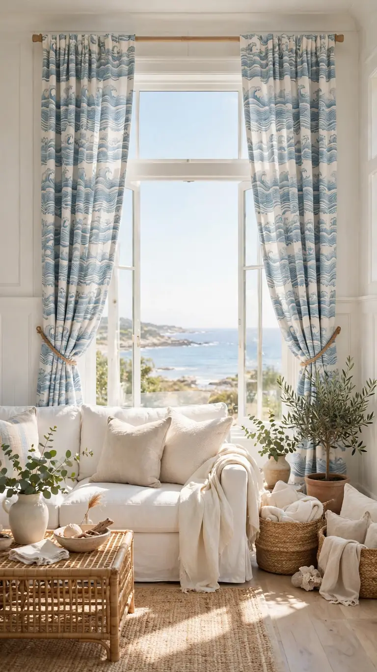 Soft blue and white block print curtains adding coastal pattern to a bright living room.