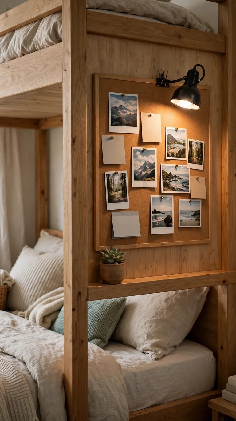 Cork board mounted on a bunk bed side panel with photos, notes, and a small clip on lamp.