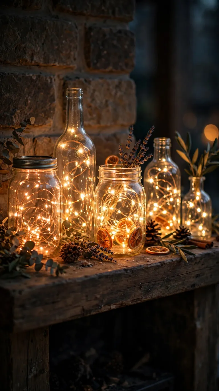 23 Beautiful Thanksgiving Decor Ideas for a Warm Holiday Home 19 Tuck Fairy Lights into Glass Jars