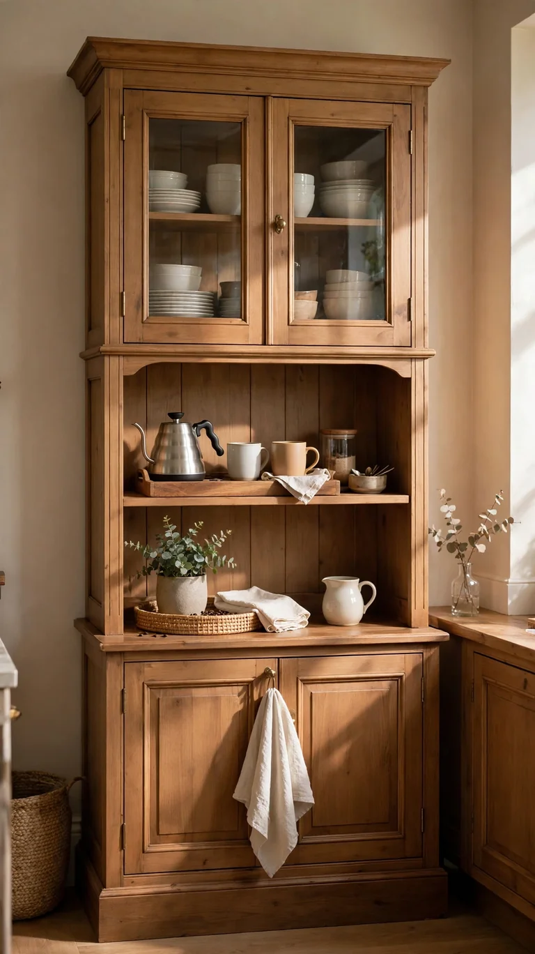 Hutch section styled as a coffee station with a tray, mugs, and a small plant on a lower shelf.