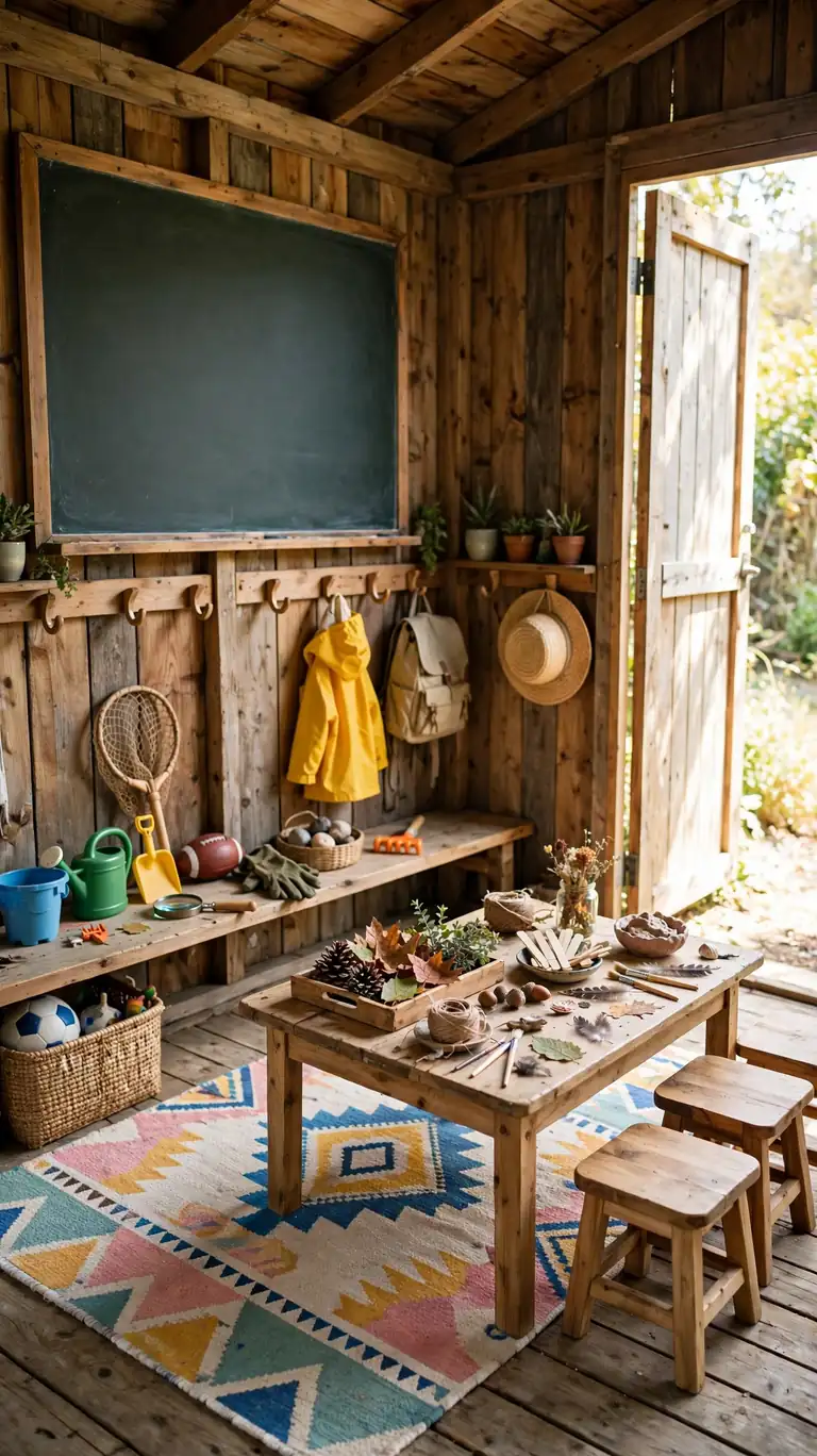 A kids' corner in a shed with a low shelf of outdoor toys, a small table with nature craft supplies, a chalkboard wall, and a colorful rug.