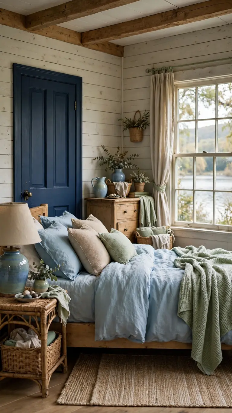 21 Small Lake Cottage Interior Design Ideas That Feel Cozy and Inviting 19 Cottage bedroom in a lake-inspired palette of water blues, soft greens, and sandy neutrals with a navy accent door.
