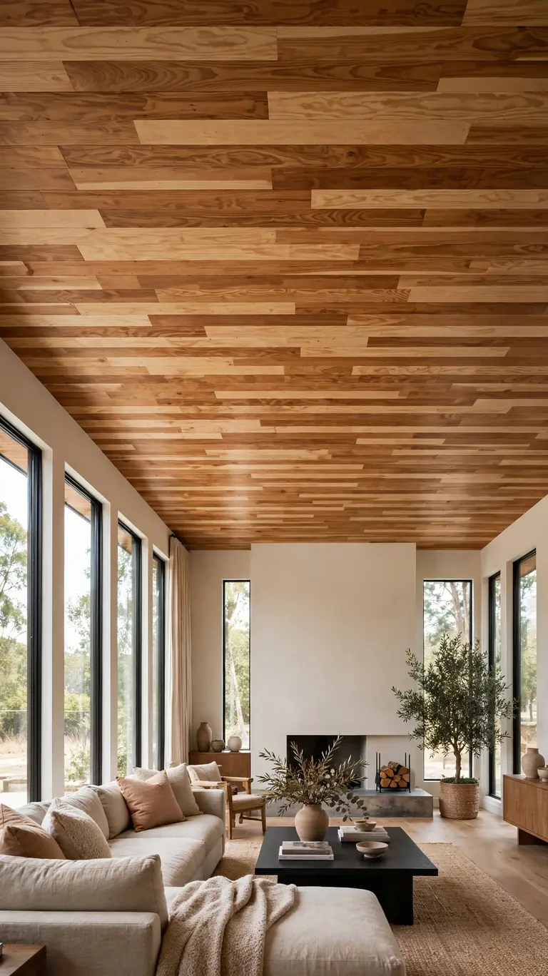 Great room with a mixed-width plywood plank ceiling in a single warm stain.