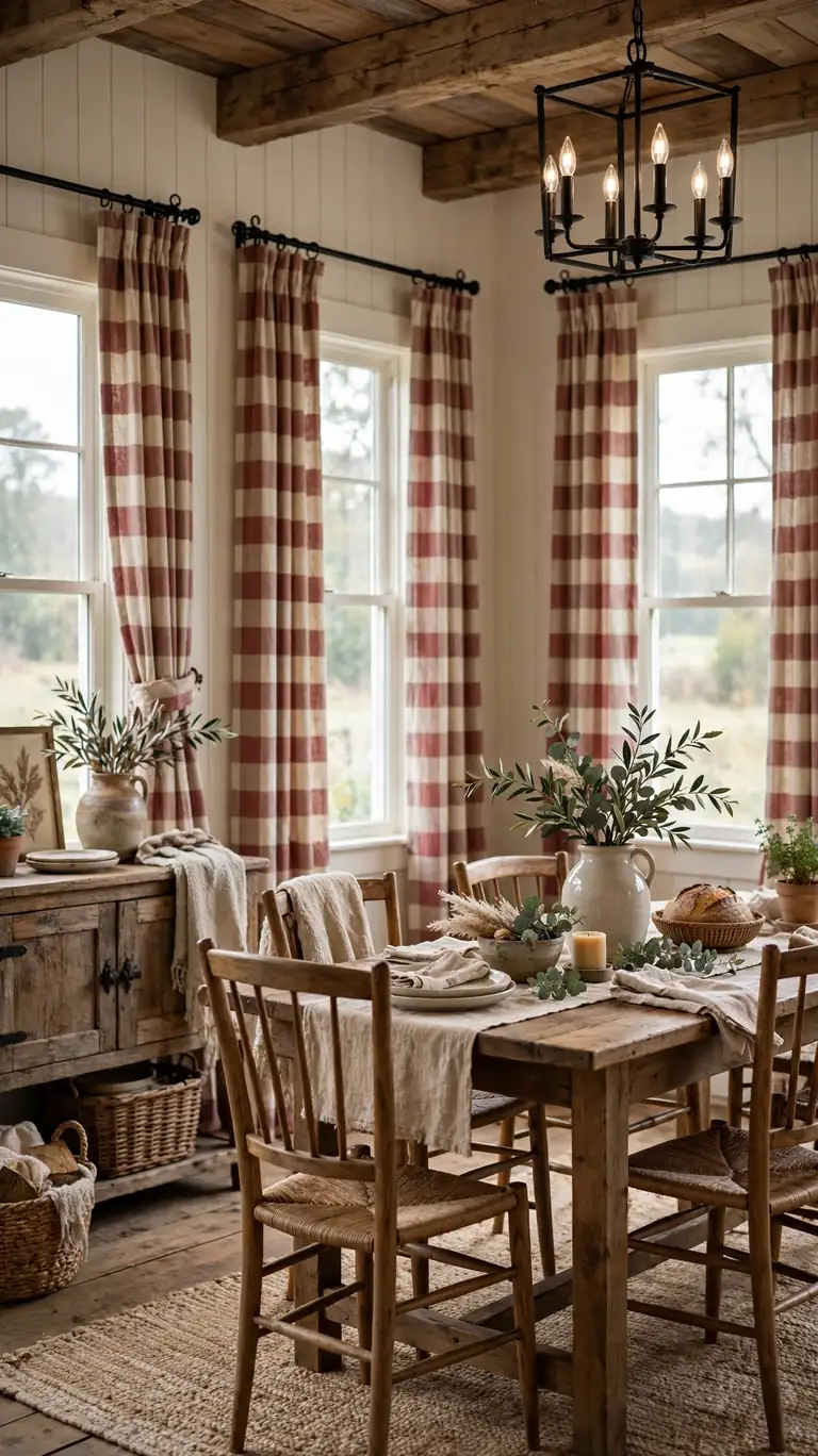 Farmhouse dining room windows dressed with buffalo check plaid curtains in muted red and cream tones.