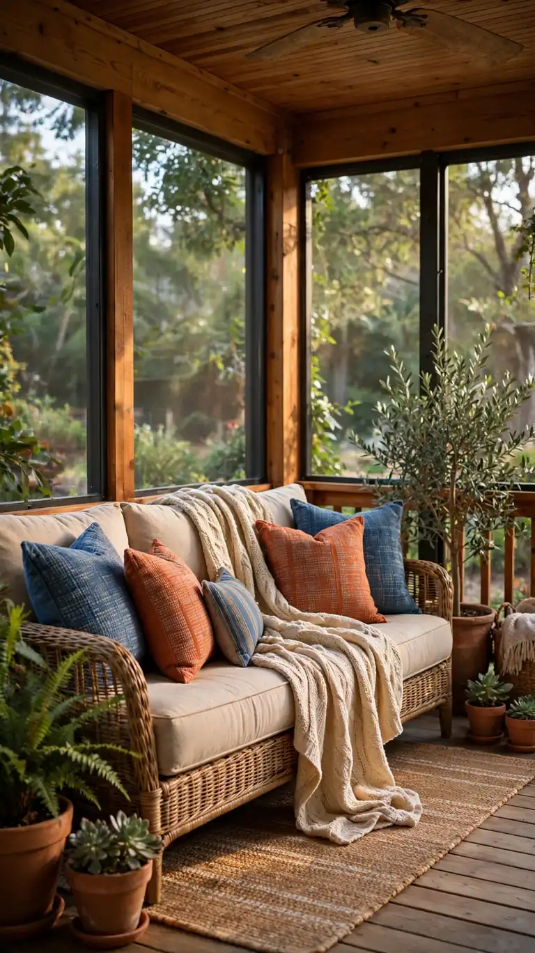 Outdoor sofa on a screened porch layered with colorful throw pillows in blue and terracotta and a draped knit throw blanket.
