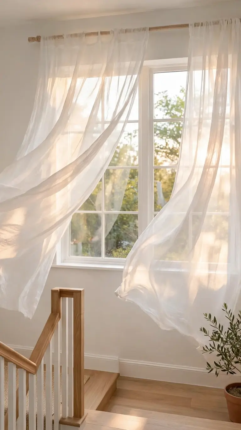 White sheer curtains billowing in sunlight across a bright stair landing window, with a wooden newel post and a potted plant nearby.