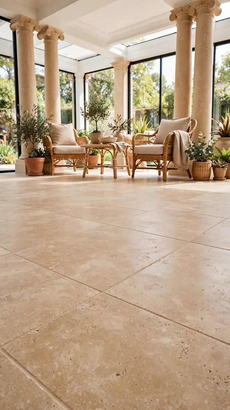 Sunroom with travertine-look porcelain tile in warm beige, classic columns, and elegant patio furniture.