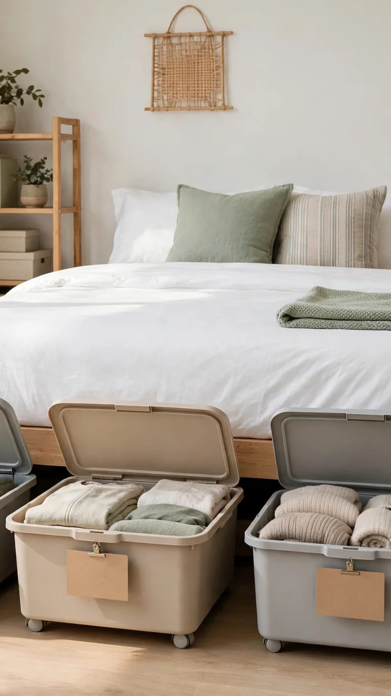 Low rolling storage bins with lids pulled out from under a teen bed.