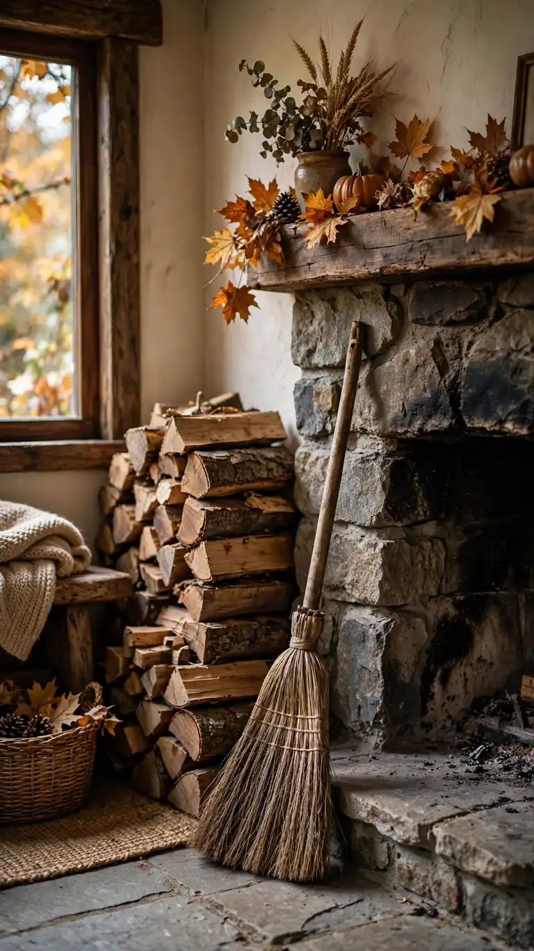 25 Stylish Halloween Decor Ideas That Are Chic, Not Cheesy 19 A Witch Broom by the Fireplace