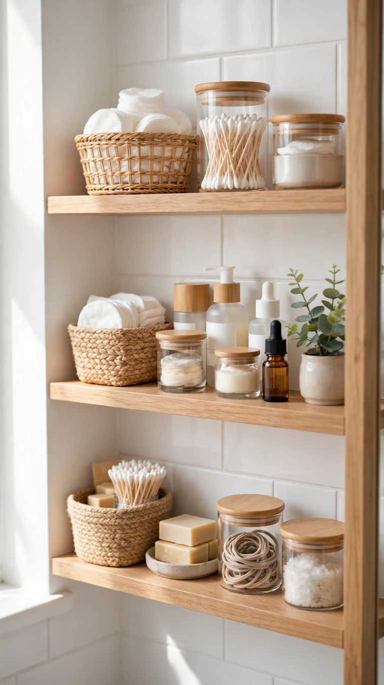Right-sized small storage containers neatly fitted on bathroom shelves.