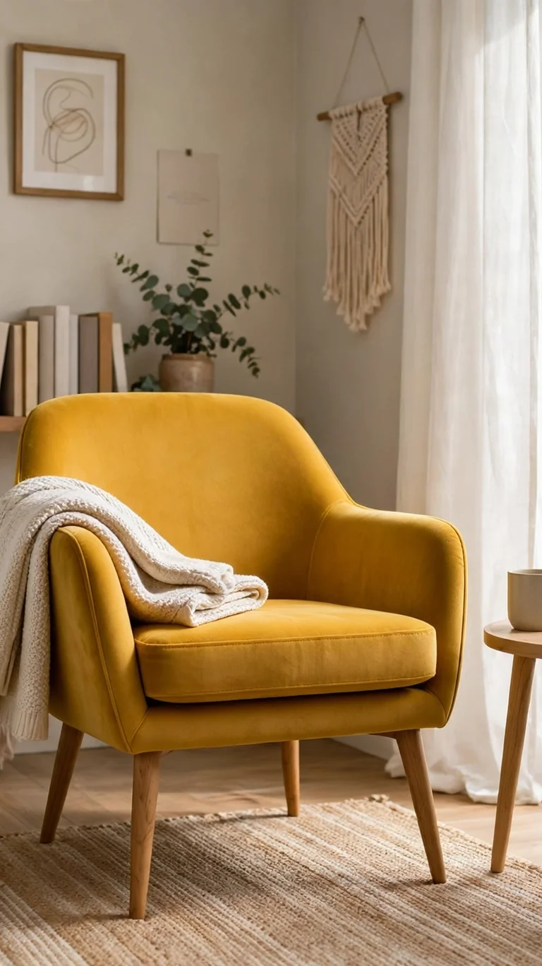 Bold mustard accent chair with a throw and side table in a teen bedroom reading corner.