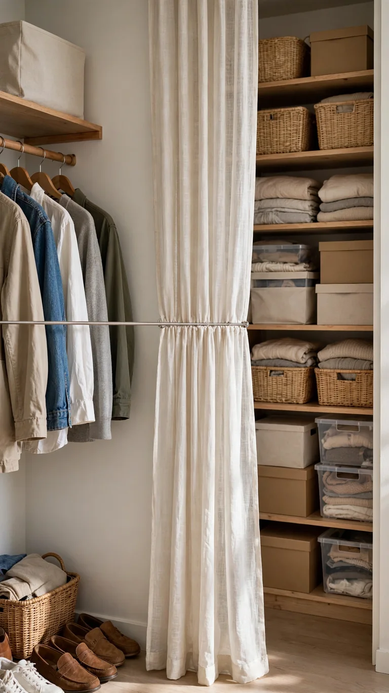 22 Creative Closet Curtain Ideas for a Stylish, Space-Saving Upgrade 20 Small light curtain on a tension rod inside a deep closet dividing hanging clothes from storage zones.