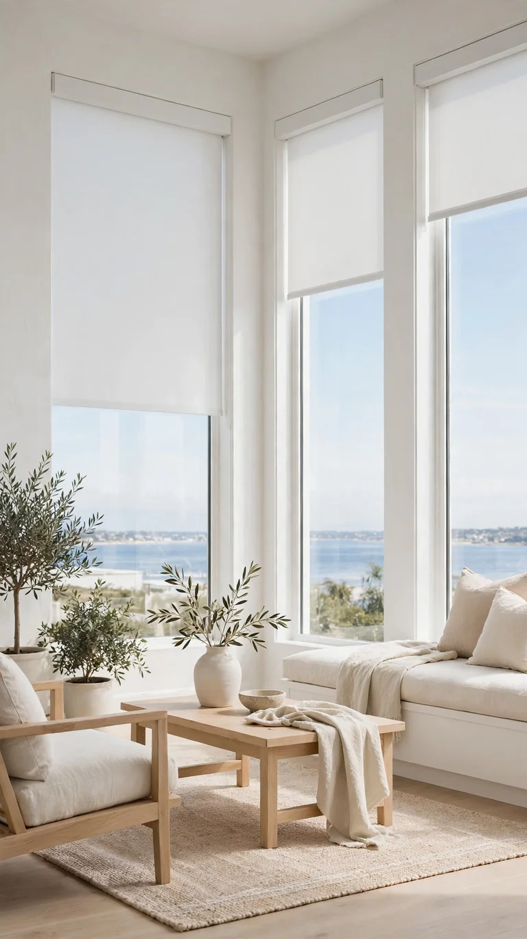 Plain white cordless roller shades on tall windows in a modern coastal living room.