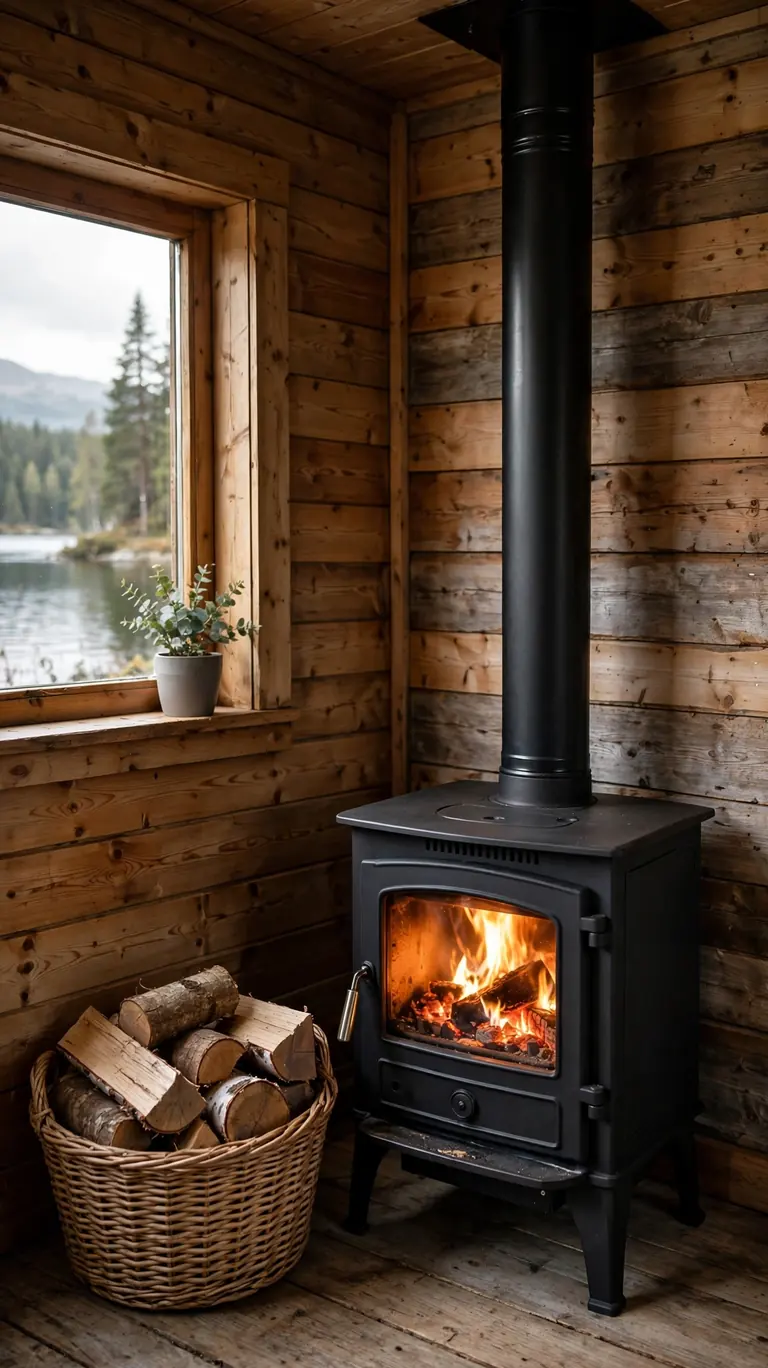 21 Small Lake Cottage Interior Design Ideas That Feel Cozy and Inviting 20 Compact black wood stove glowing in a small lake cottage corner with a basket of firewood beside it.