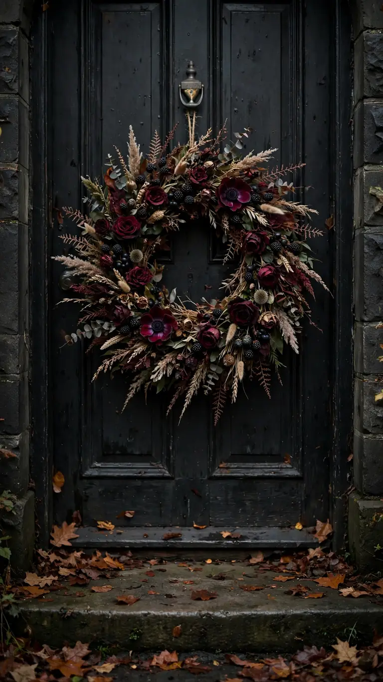 25 Stylish Halloween Decor Ideas That Are Chic, Not Cheesy 20 A Dark Floral Wreath on the Door