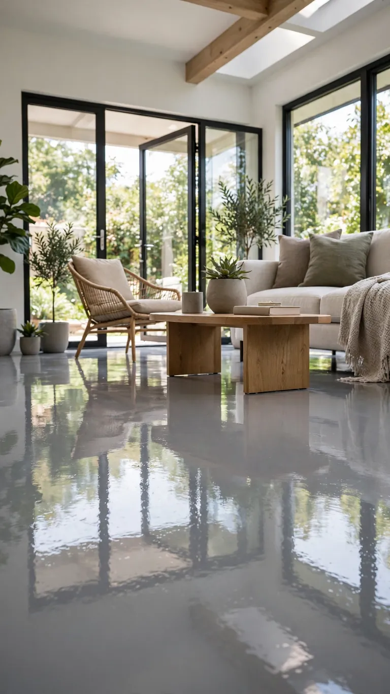 Sunroom with glossy epoxy-coated concrete floor in soft gray, modern furniture, and large glass doors.