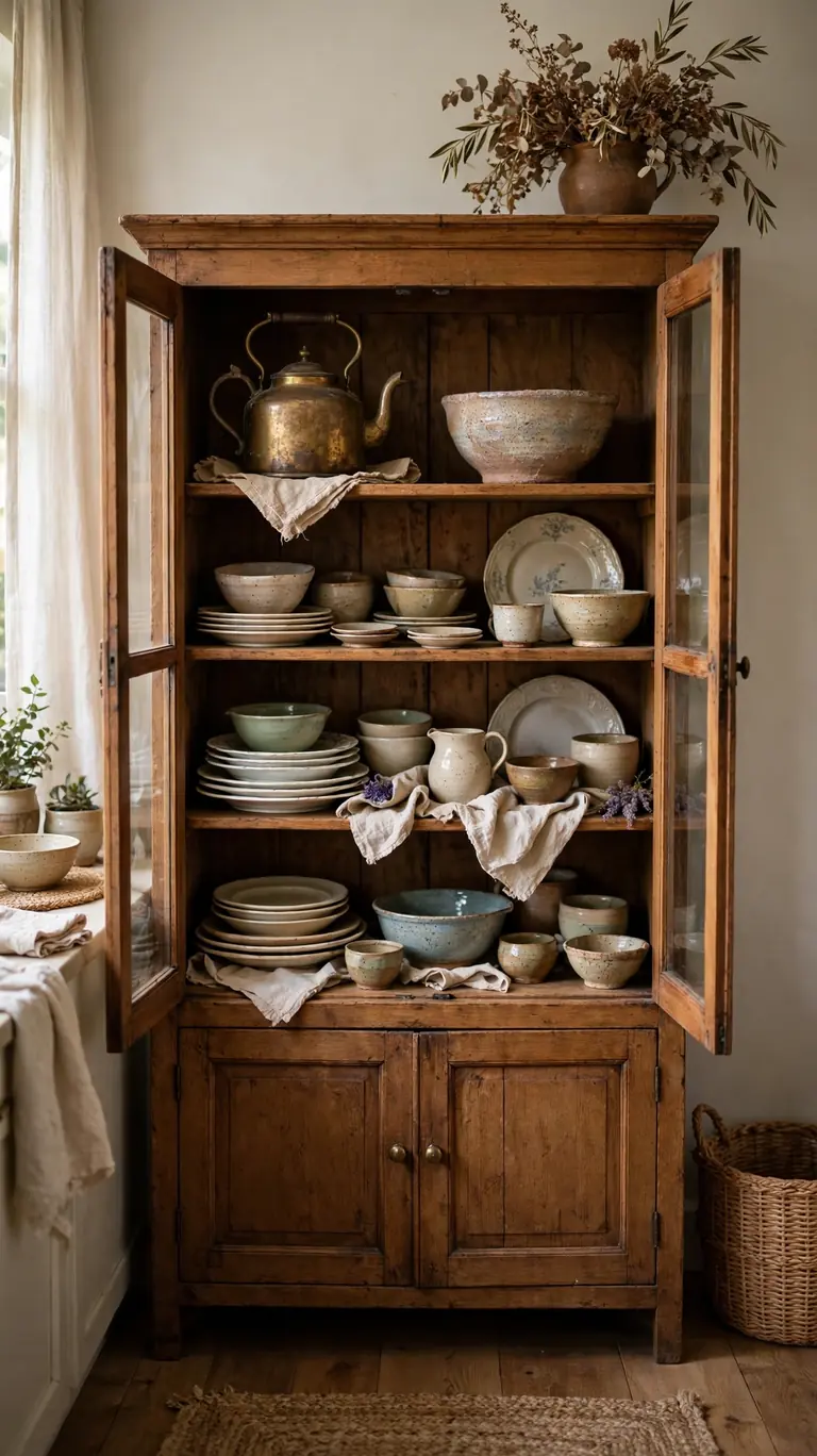 Hutch displaying a vintage teapot and handmade bowl as personal heirloom pieces among dishes.