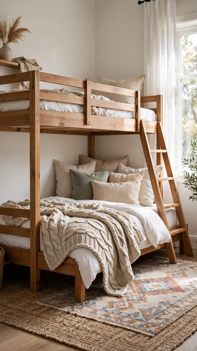Bunk bed corner with a layered area rug, chunky knit throw, and extra pillows for a cozy feel.