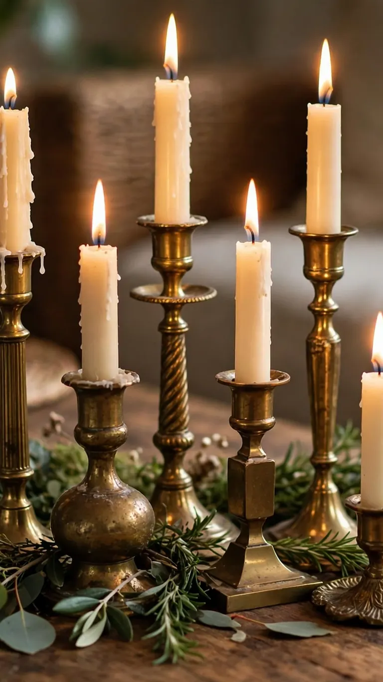 Cluster of mismatched brass candlesticks in different heights with ivory tapers and greenery on a coffee table.
