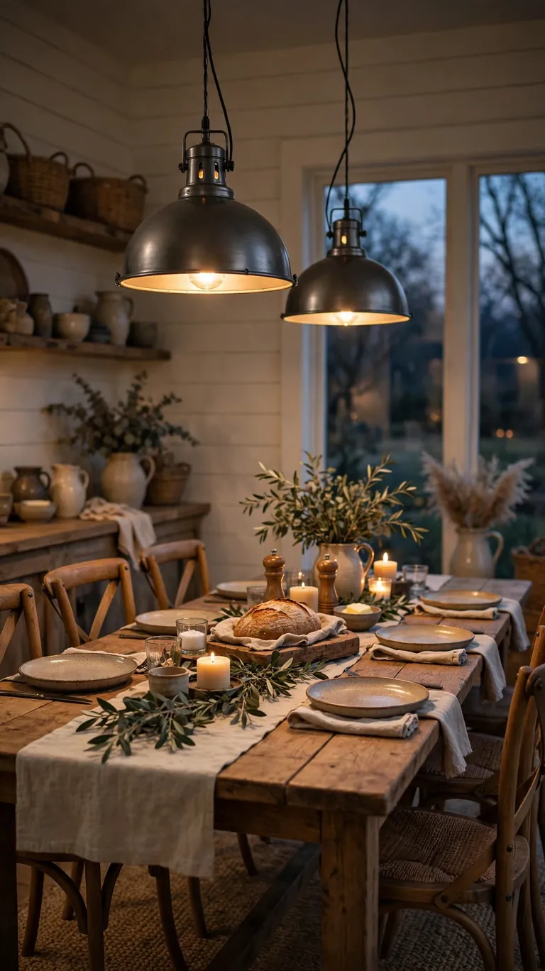 Two metal dome pendant lights hanging low over a long wooden farmhouse dining table at dusk.