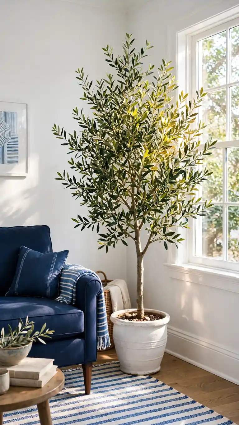 Tall green olive tree in a white pot brightening a blue and white living room corner.