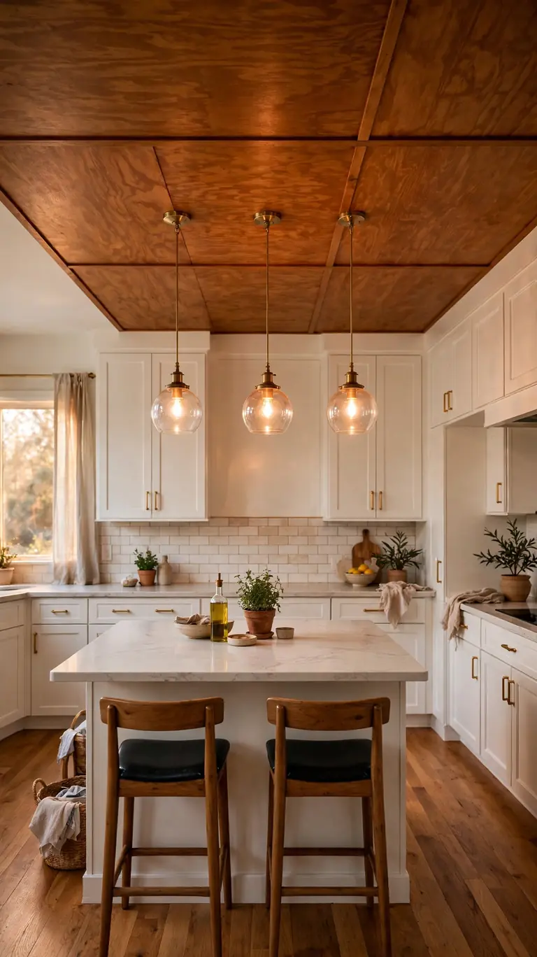 Kitchen with a warm stained plywood ceiling panel over the island and hanging pendant lights.