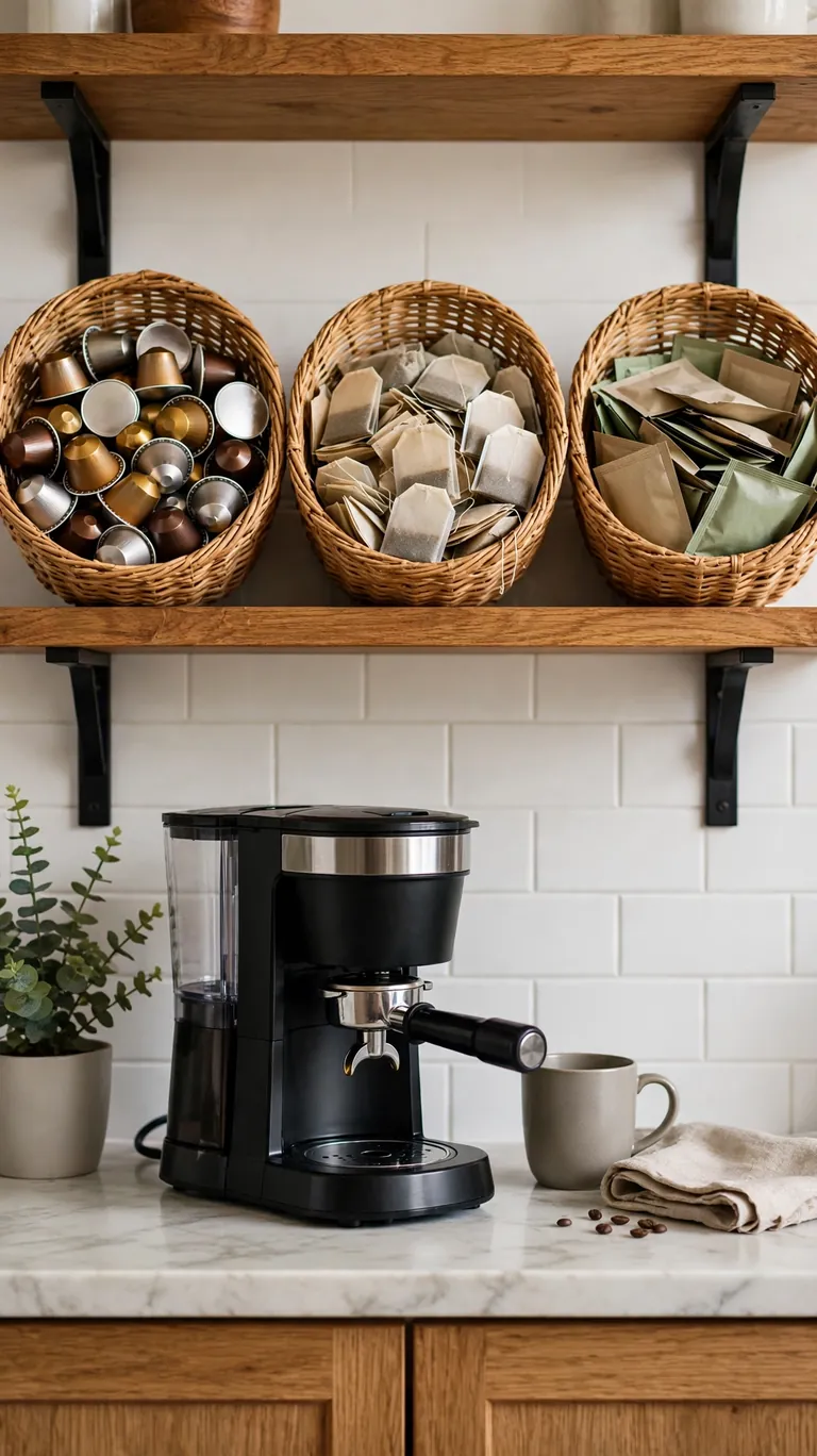 22 Cozy Coffee Bar Ideas for the Cutest Corner at Home 20 Open Baskets for Pods and Supplies