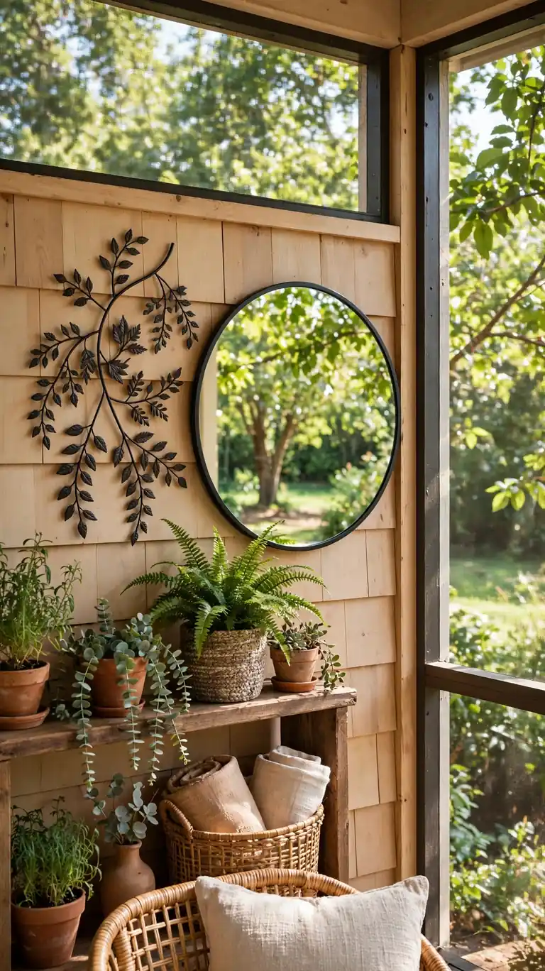 Screened porch wall decorated with metal botanical wall art and a round outdoor mirror reflecting greenery.