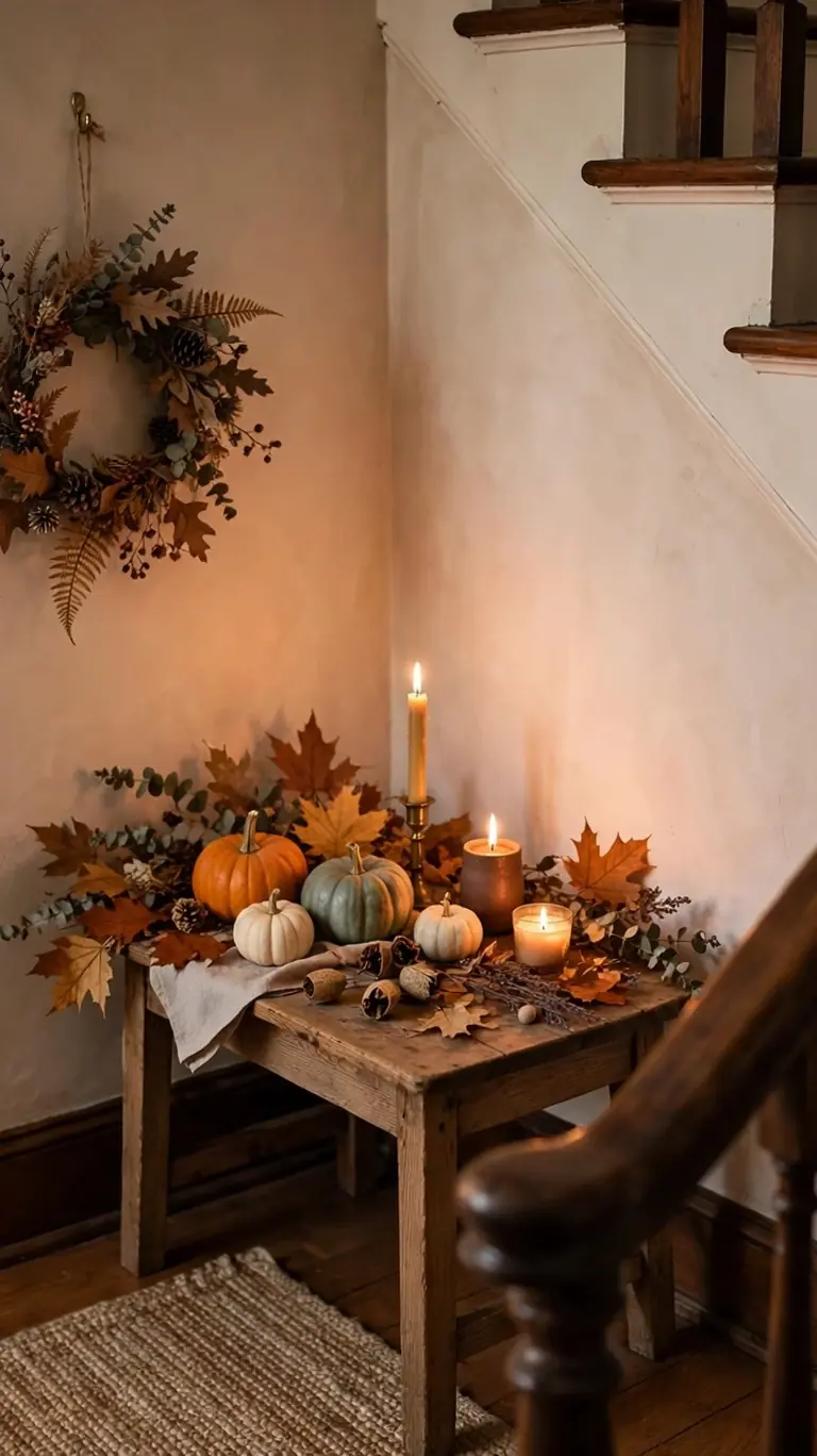 Wooden side table styled as an autumn vignette with pumpkins, fall leaves, and lit candles, plus a dried-leaf wreath hanging on the wall above.