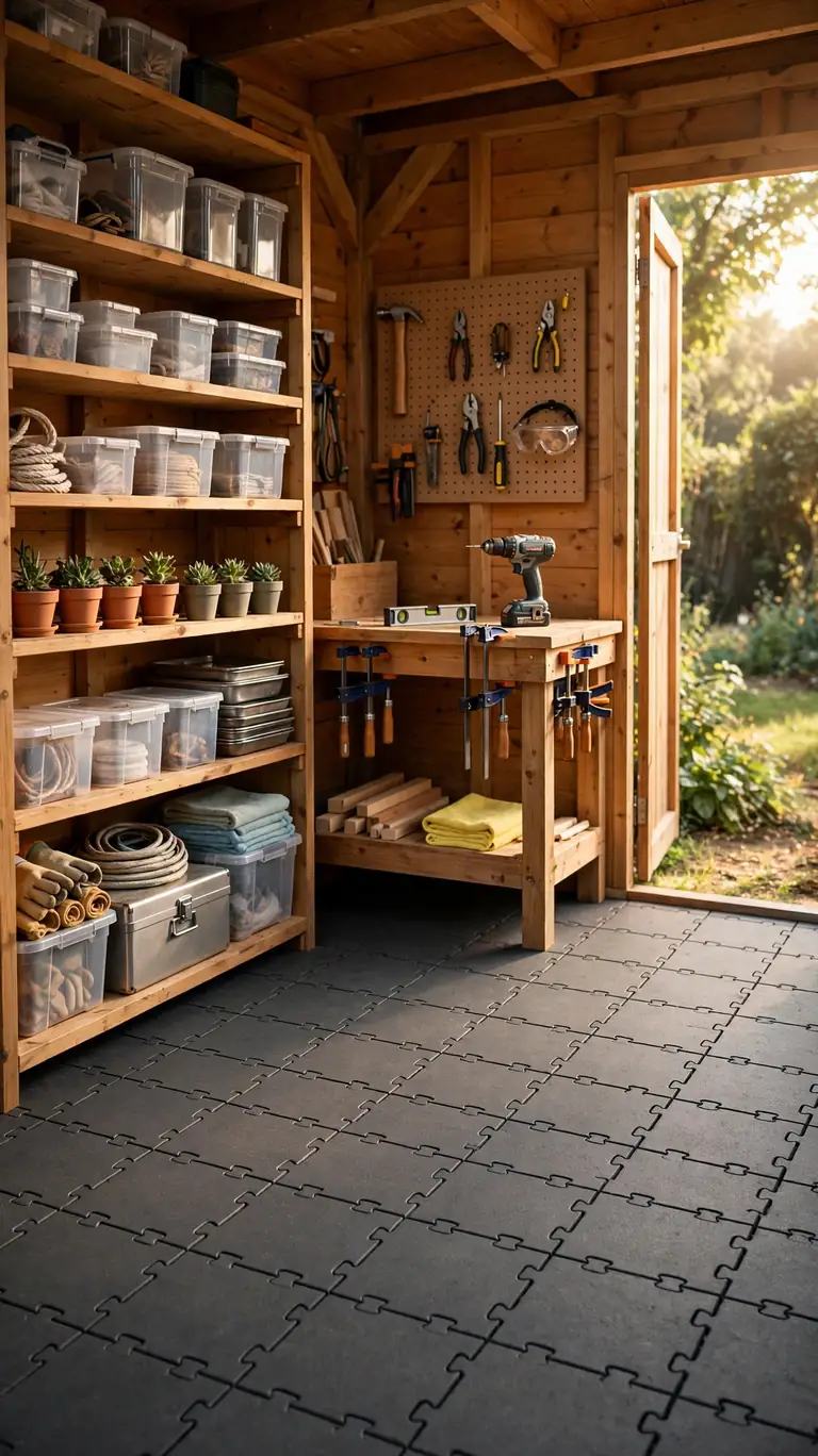 A shed interior with new interlocking rubber floor tiles, clean organized space with a workbench and shelving visible in warm natural light.